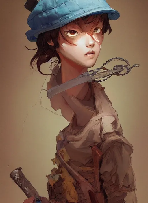 Image similar to prompt : portrait soft light painted by james jean and katsuhiro otomo and erik jones, inspired by akira anime, epic fantasy, a young dark skinned girl with short hair dressed as a boy in plain peasant clothing and a newsboy cap, intricate oil painting, high detail illustration, sharp high detail