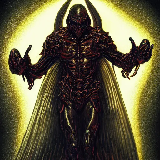 Image similar to photorealistic biblically accurate demonic alien archangel the style of michael whelan and gustave dore. hyperdetailed photorealism, 1 0 8 megapixels, amazing depth, glowing rich colors, powerful imagery, psychedelic overtones, 3 d finalrender, 3 d shading, cinematic lighting, artstation concept art