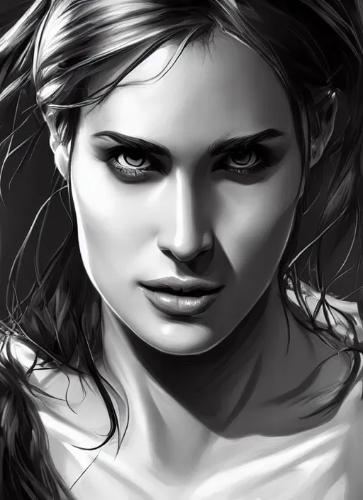 Image similar to up close portrait of a beautiful woman in black and white, art by diego fazio and diegoKoi and oscar Ukono, concept art, sharp focus, artgerm, 8k highly detailed