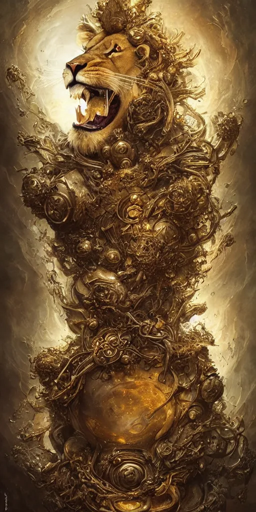 Image similar to a beautiful detailed 3 d matte portrait of a alchemist lion, by ellen jewett, by tomasz alen kopera, by justin gerard, ominous, magical realism, texture, intricate, skull, skeleton, gold coins, money, whirling smoke, alchemist bottles, radiant colors, fantasy, volumetric lighting, high details