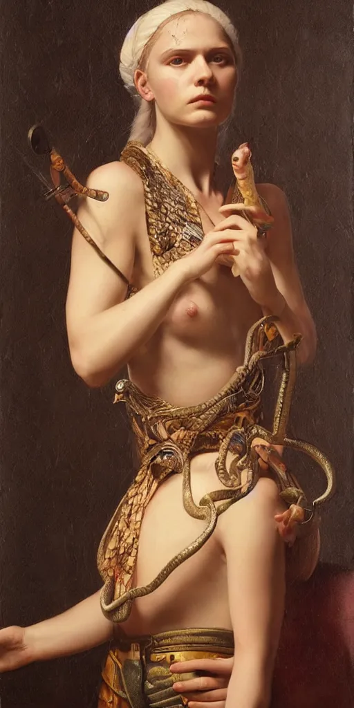 Image similar to the portrait of ( ( ( ( ( hunter schafer ) ) ) ) ) as a snake charmer by roberto ferri, fantasy, beautiful, centered, intricate detail, girl, witcher, very detailed oil painting, masterpiece, 8 k