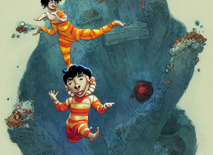 Prompt: adult little nemo in pajamas with dead eyes and coloured energy coming from the hands, fluid, smooth, organic, crazy, high contrast, sharpness, dramatic, by greg rutkowski and siudmak and richard corben and moebius