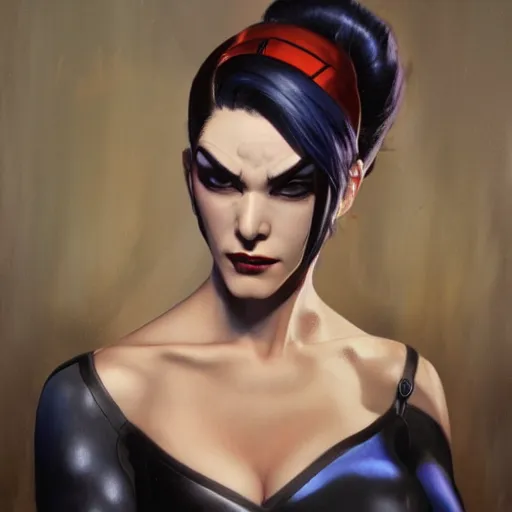 Image similar to ultra realistic portrait painting of widowmaker from overwatch, art by frank frazetta, 4 k, ultra realistic, highly detailed, epic lighting.