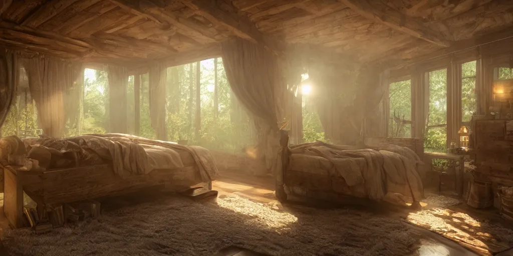 Prompt: A rustic old-fashioned wooded homey bedroom with dappled lighting and god-rays protruding in the style of Greg Rutkowski, oil painted, rendered in unreal engine, rendered in octane, trending on artstation, artstationHQ, artstationHD, artstation 4K, 8k resolution, professional grade, professional photography.