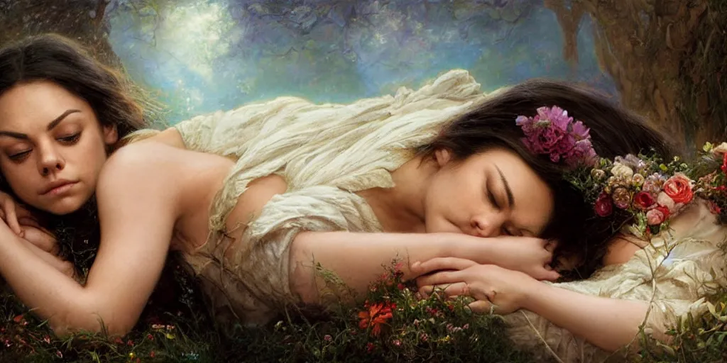 Image similar to Mila Kunis falling asleep, Lilia Alvarado, Sophie Anderson, Mark Arian, Bob Byerley, Charlie Bowater, Mark Brooks, Steve Henderson, Justin Gerard, Arthur Hughes, Edward Robert Hughes, Mark Keathley, Victor Nizovtsev, Carlos Shwabe, Ross Tran, WLOP