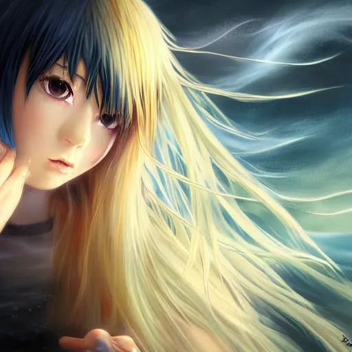 Image similar to rimuru tempest from tensura playing chess, with amber eyes of golden colored eyes, straight hair, sky blue hair, long bangs, high collar, concept art, award winning photography, turbulence, ripples, trails, wispy, scratchy, digital painting, cinematic, wlop, 8 k, by ross tran, tom bagshaw, andy warhol