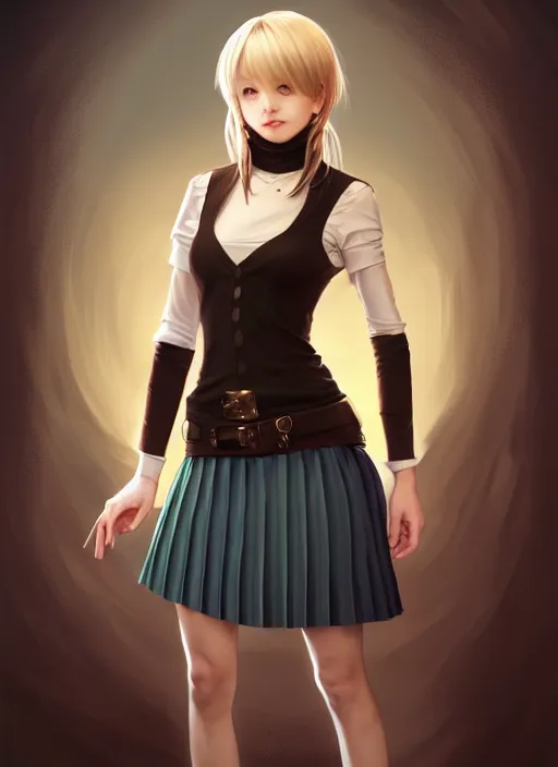 Image similar to portrait of a full body of beautiful young female detective, d & d, sleeveless turtleneck, pleated skirt, fantasy, flat lighting, intricate, highly detailed, digital painting, artstation, concept art, smooth, sharp focus, illustration, misa amane, art by simon bisley and greg rutkowski and alphonse mucha, natural tpose