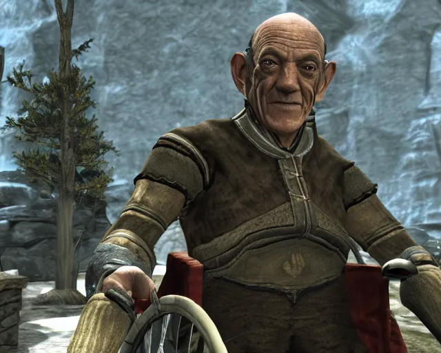 Image similar to hector salamanca on a wheelchair in skyrim, videogame screenshot, skyrim graphics