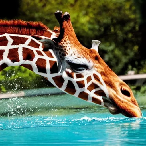 Prompt: photo of a giraffe diving in a swimming pool