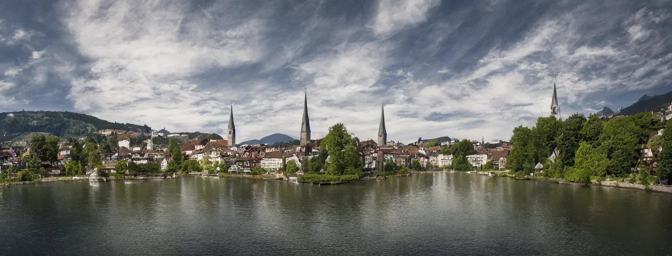 Image similar to Photo of Zurich, looking down the river at the lake and the alps, Hardturm, Grossmünster, wide angle, trees, volumetric light, hyperdetailed, green water, artstation, cgsociety, 8k