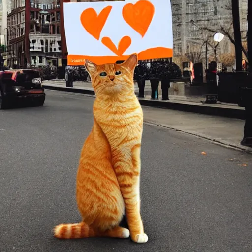 Image similar to cute colossal standing orange tabby cat holding a sign that says