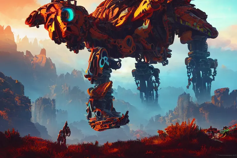 Prompt: scorcher machine mecanical creature robot of horizon forbidden west horizon zero dawn bioluminiscence global illumination ray tracing hdr fanart arstation by ian pesty and alena aenami artworks in 4 k