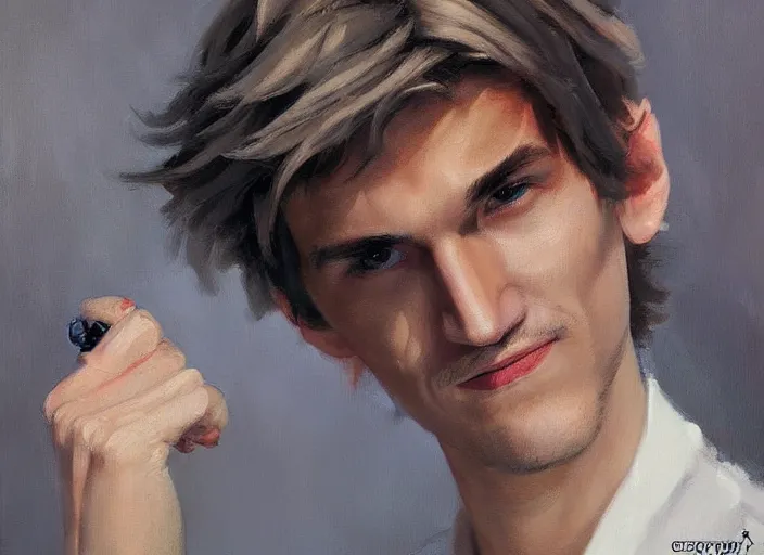 Image similar to a highly detailed beautiful portrait of xqcow xqc felix lengyel, twitch. tv, by gregory manchess, james gurney, james jean