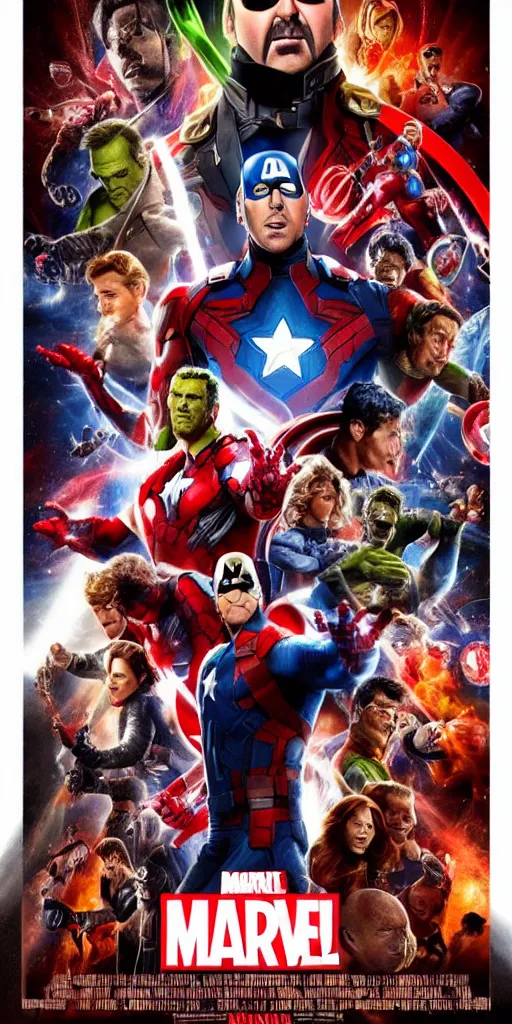 Image similar to a movie poster for a marvel movie but every face is nicolas cage