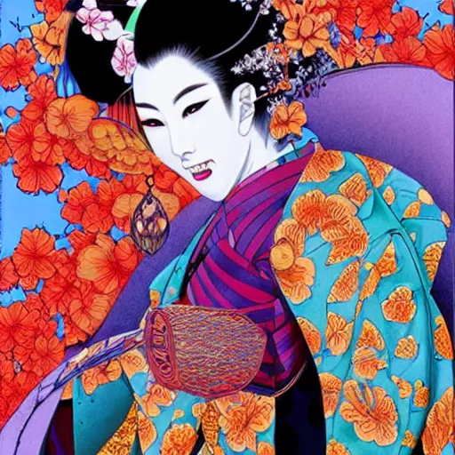 Image similar to colorful illustration of geisha, by hajime sorayama and james jean and junji ito