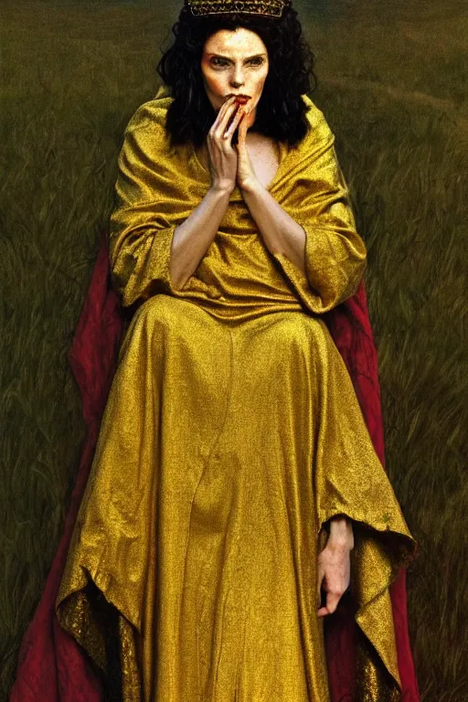 Image similar to Portrait of historically accurate, ancient biblical, sultry, sneering, evil, pagan, wicked, queen jezebel, wearing gilded robes, long hair, intricate, elegant, highly detailed, masterpiece, illustration, art by Andrew Wyeth, highly detailed, trending on artstation, award winning