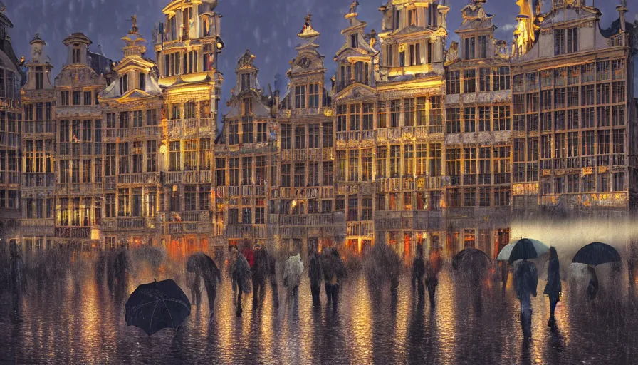 Image similar to grand place of brussels, rainy evening, people with umbrellas, hyperdetailed, artstation, cgsociety, 8 k