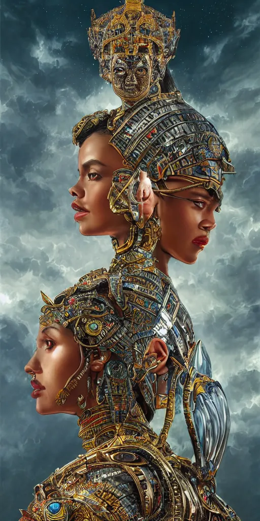 Image similar to HDR portrait photography of The Benevolent Cyborg Queen vertically mirrored above The Evil Cyborg King, ethnic, fantasy, intricate, elegant, highly detailed, African, Egyptian, Aztec, Mayan, digital painting, artstation, HDR photo, smooth, sharp focus, illustration, art by artgerm and greg rutkowski and alphonse mucha