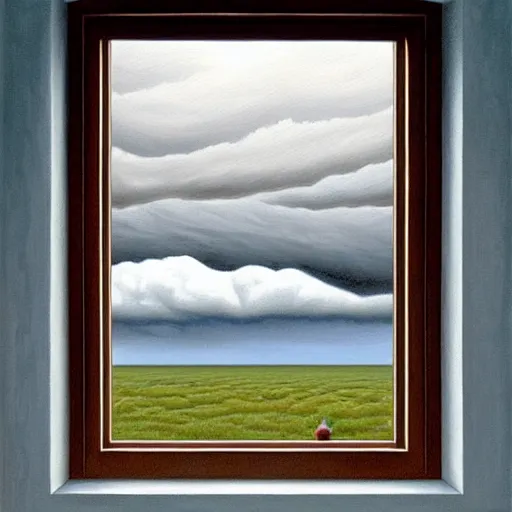 Image similar to a girl pensively looking out the window where a stormy clouds above a tumultuous sea, painting by jeffrey smith