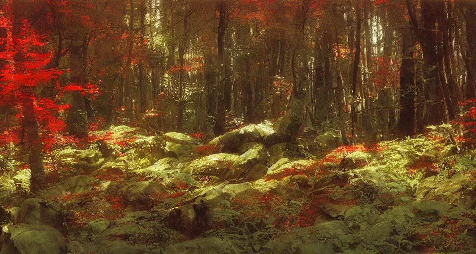 Prompt: sunny birch forest, hemlocks, mushrooms, intricate, vivid colors, elegant, highly detailed, john park, frazetta, john howe, ruan jia, jeffrey catherine jones