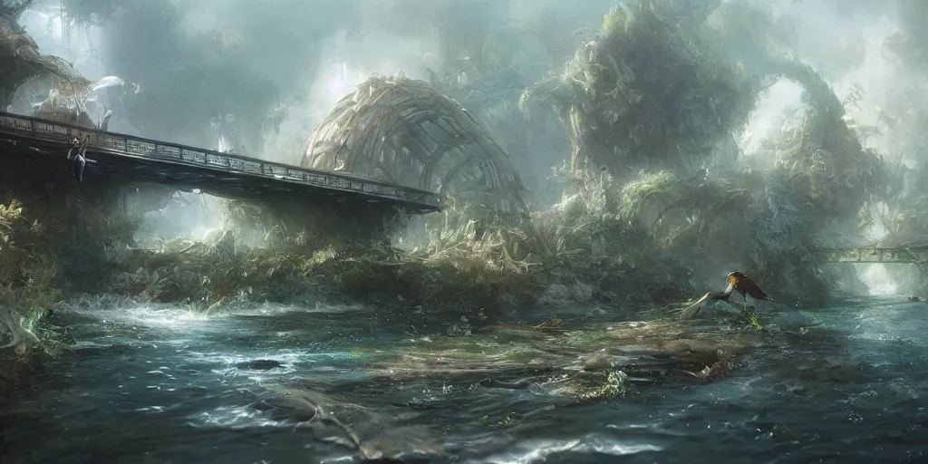 Image similar to study material with side perspective, transparent water River flow, realistic water foam,agua droplets, underwater, bridge made of water ,physically based rendering, defined features by ellen jewett, tomasz alen kopera and Justin Gerard