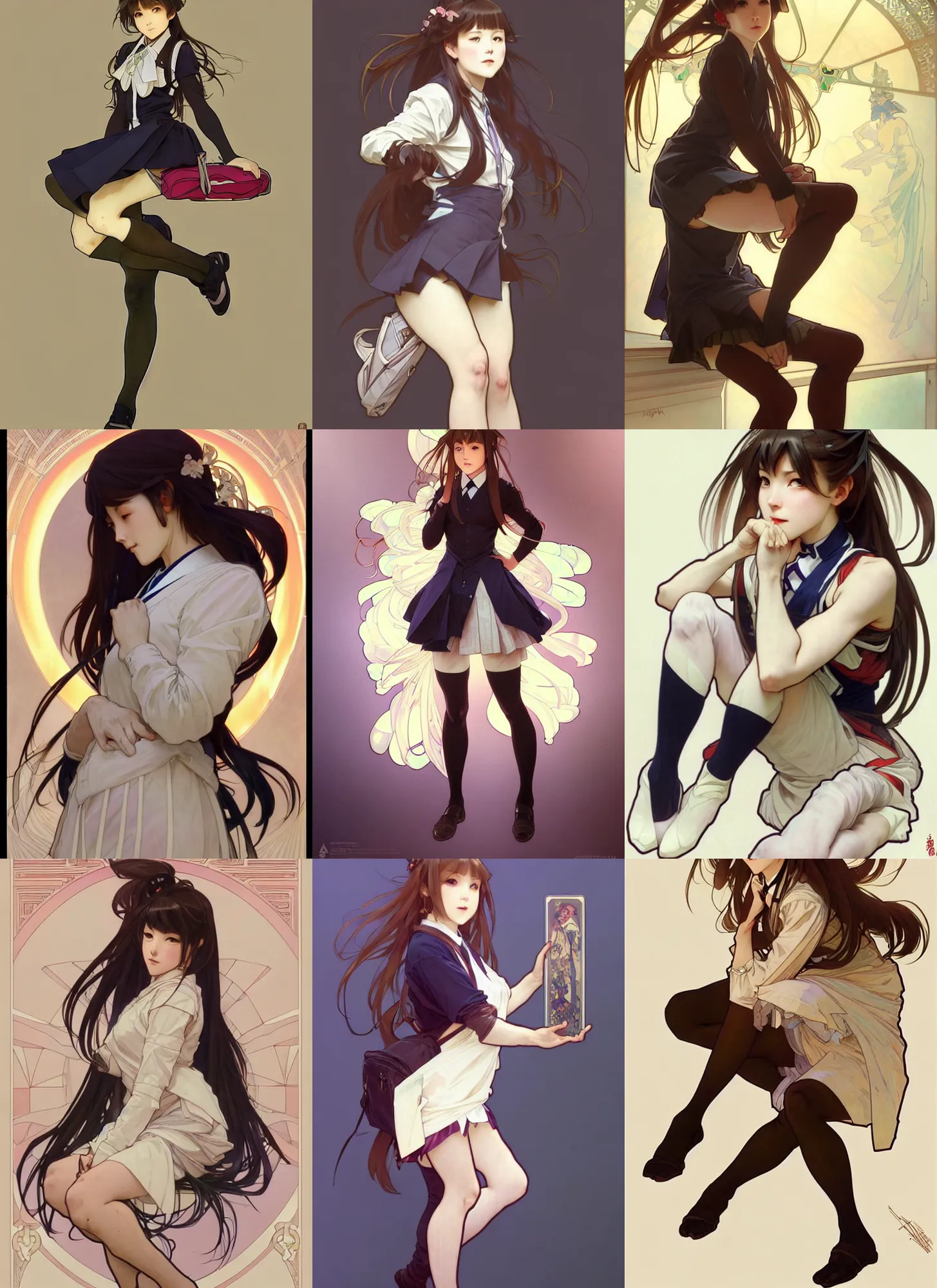 Image similar to a digital concept art by artgerm and greg rutkowski and alphonse mucha. full body!! clear portrait of a squatting attractive japanese school girl in uniform!! sit on floor!! knee length stockings ， school bag, light effect. hyper detailed, character concept, glowing lights!! intricate, elegant, digital painting, artstation, smooth, sharp focus