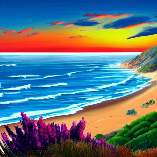 Image similar to malibu hills with ocean, pixar, disney, cinematic scene