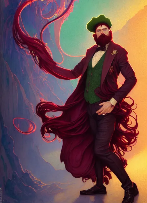 Prompt: cinematic full body portrait of tricky leprechaun, dark red flowy beard, three piece green suit by artgerm, cushart krenz, greg rutkowski, mucha. art nouveau. gloomhaven, swirly liquid and golden charms, vibrant colors, sharp edges. ultra clear detailed. 8 k. elegant, intricate, octane render