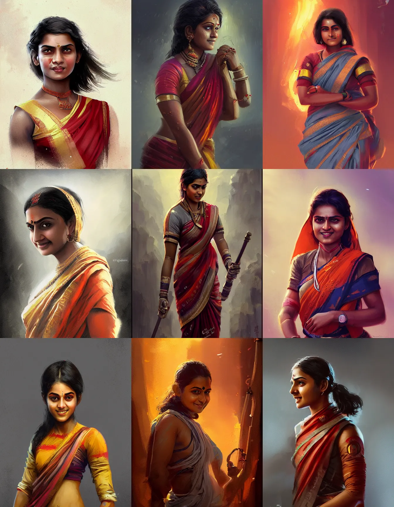 Prompt: young indian woman firefighter, wearing a sari, strong, muscular, smiling, digital portrait by greg rutkowski, intricate, soft focus, highly detailed, cinematic, epic, artstation