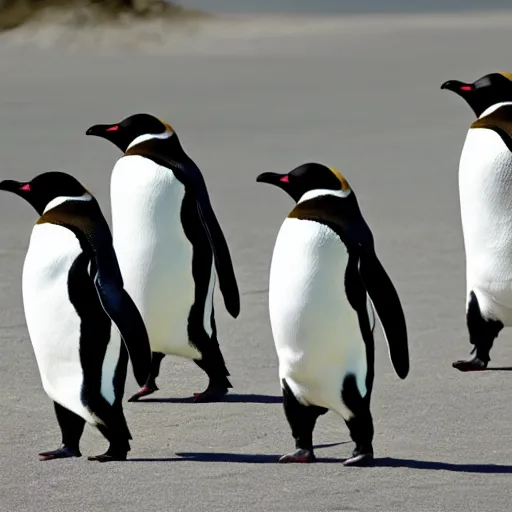 Prompt: 6 dancing pallbearer penguins