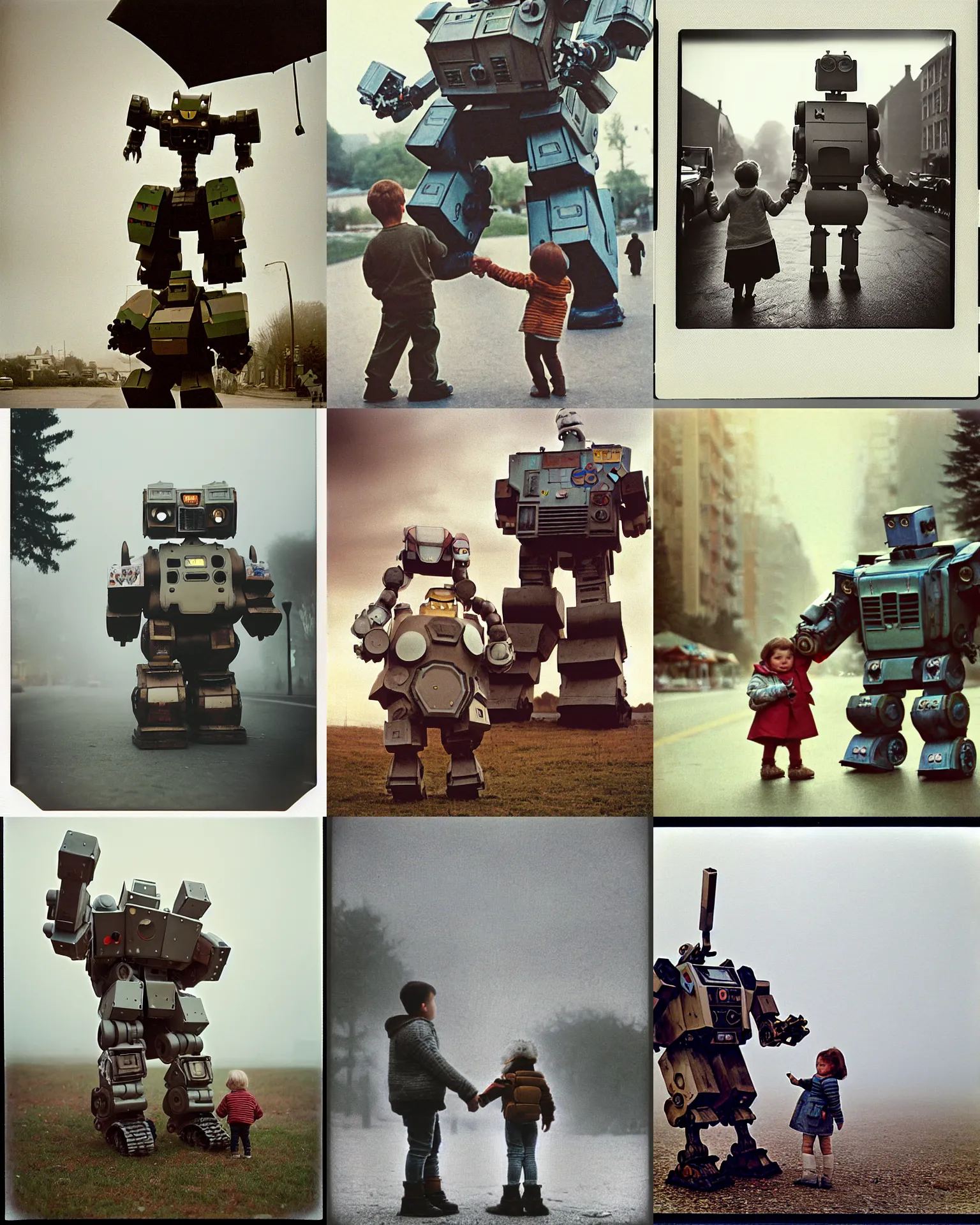 Prompt: giant oversized chubby battle robot mech with giant rabbit ears holding hands with small child on the village , Cinematic focus, telephoto lens, polaroid photo, vintage, neutral colors, soft lights, foggy ,by Steve Hanks, by Serov Valentin, by lisa yuskavage, by Andrei Tarkovsky