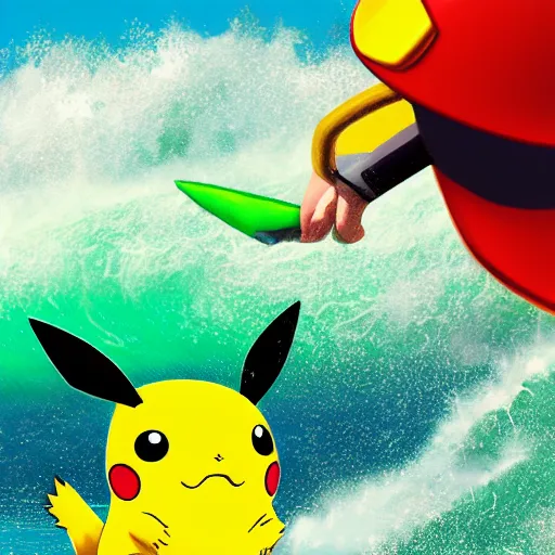 Image similar to pikachu surfing on a wave made of green slime, pokemon tcg image, trending on artstation