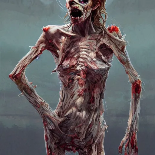 Image similar to clear portrait of a anorexic zombie, hideous appearance, ripped clothing, malnourished, cottagecore!!, background hyper detailed, character concept, full body, dynamic pose, intricate, elegant, highly detailed, digital painting, artstation, concept art, smooth, sharp focus, illustration, art by artgerm and greg rutkowski and alphonse mucha