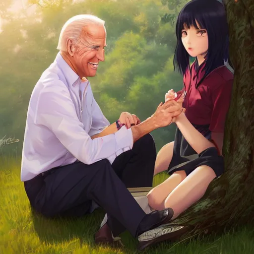 Image similar to photorealistic Joe Biden meets a beautiful smiling anime girl with black hair and hime cut sitting under a tree, Stanley Artgerm Lau, WLOP, Rossdraws, Ilya Kuvshinov, artstation