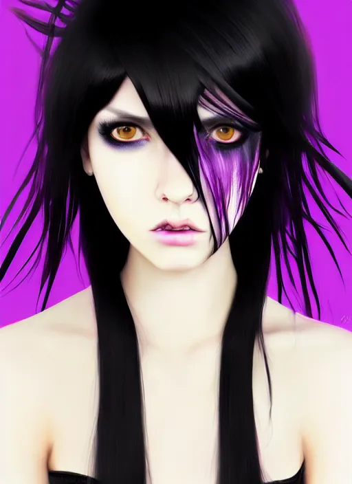 Image similar to hair blackbangs hair, white cyberlox, portrait of normal teenage girl, normal face, black bangs, messy bangs, fluffy bangs, cyberlox, whitebangs, red contact lenses, purple background, intricate, elegant, highly detailed, digital painting, artstation, concept art, sharp focus, smooth, illustration, art by wlop, mars ravelo and greg rutkowski