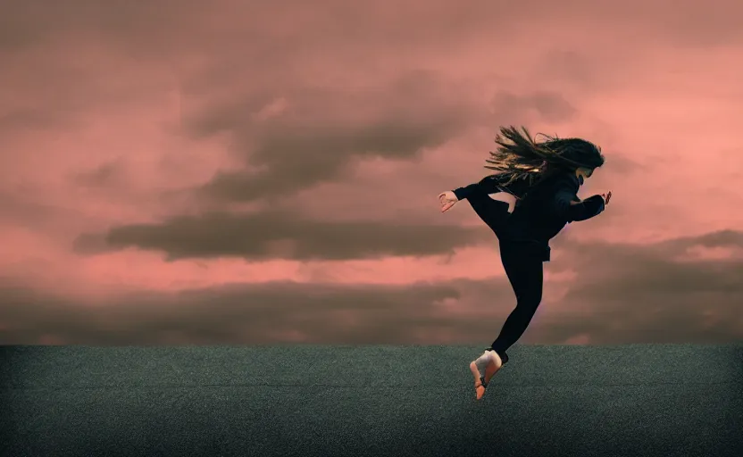 Image similar to sideways landscape photo of person jumping on the roofs, high contrast, moody sunset, late night, blurry photo, sharp focus, digital art, smooth