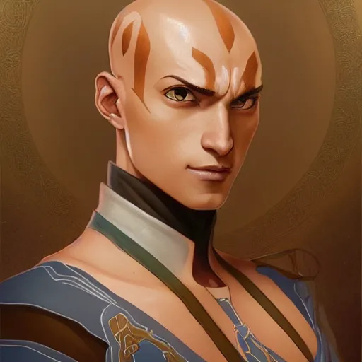 Image similar to Portrait of avatar aang in the avatar state, fantasy, intricate, elegant, highly detailed, digital painting, artstation, concept art, smooth, sharp focus, illustration, art by artgerm and greg rutkowski and alphonse mucha