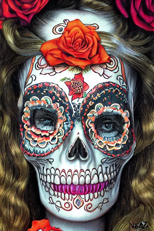 Image similar to Illustration of a sugar skull day of the dead girl, art by Ted Nasmith