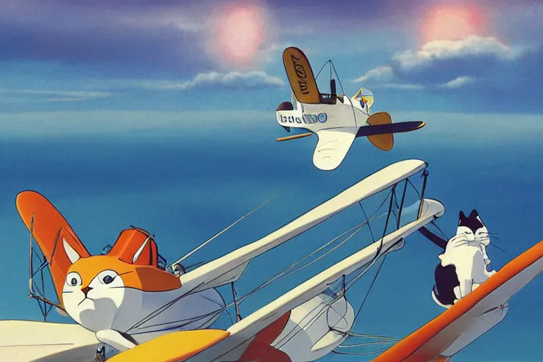 Image similar to tuxedo cat in a pilot cap flying a biplane over a tropical archipelago, morning sunrise, clouds, beautiful, summer, calm, studio ghibli, art by hayao miyazaki, makoto shinkai