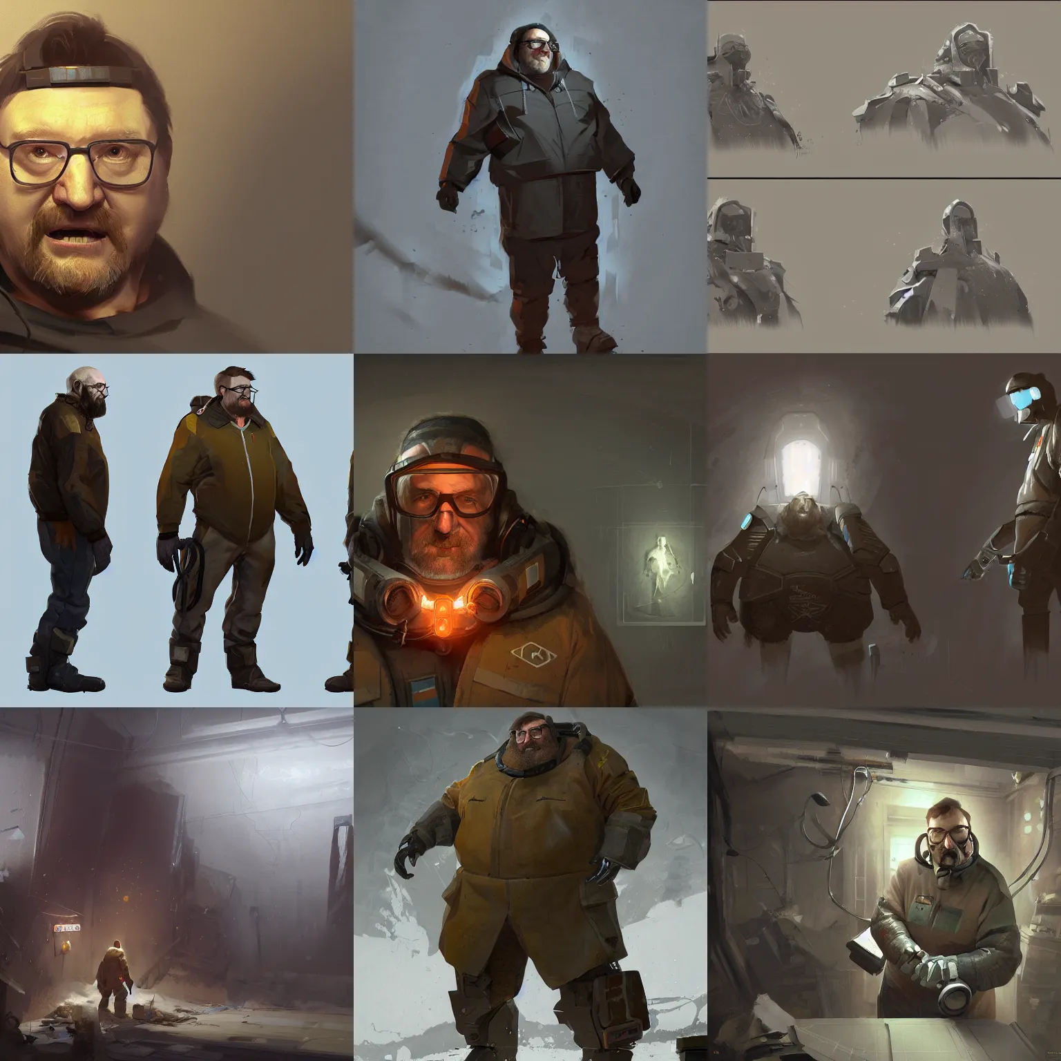 Prompt: gabe newell making half life 3 concept art, highly detailed, viktor antonov concept art, sergey kolesov concept art