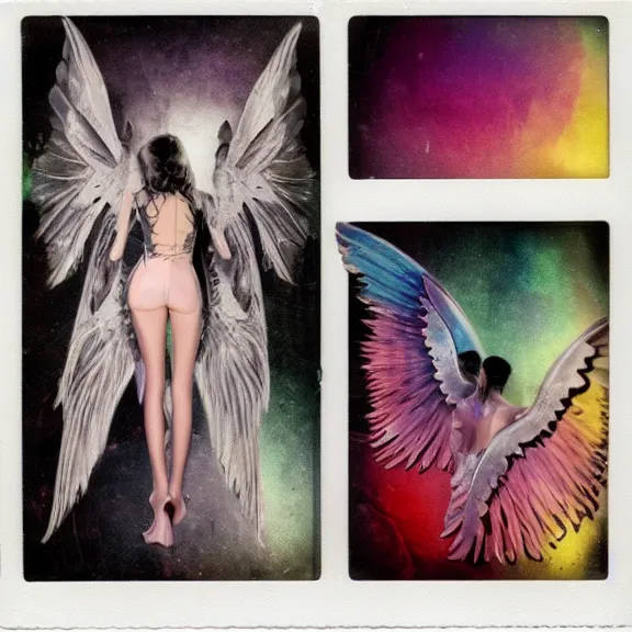 Image similar to crystal wings, waporwave polaroid, metal acid deep colors, fallen angel of death, love broken