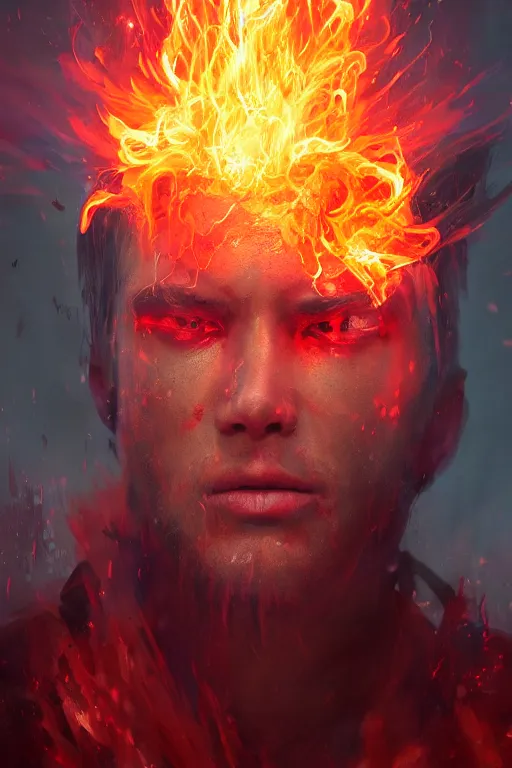 Image similar to a fancy portrait of a very mad mage covered in coloured flames by greg rutkowski, sung choi, mitchell mohrhauser, maciej kuciara, johnson ting, maxim verehin, peter konig, 8 k photorealistic, cinematic lighting, hd, high details,