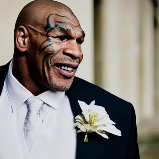 Image similar to a cinematic film still of Mike Tyson getting married to a pigeon, portrait, 40mm lens, shallow depth of field, close up, split lighting, cinematic