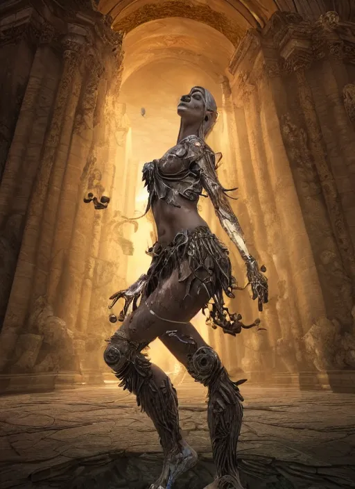 Image similar to Fine Art photo of goddess of the Dead,hyper detailed, character concept, full body, dynamic pose+intricate, hyper realistic, zbrush, epic perspective, octane render, volumetric light, cinematic lighting, cinematic detail, composition, photorealistic, render in unreal engine 5, 8k render, ultra detailed technical precision, rule of third, epic scene,4k