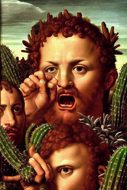 Image similar to renaissance painting of evil men, portrait, face closeup, emotions closeup, dressed in spartan armour, the beautiful garden with cactus everywhere, ultra detailed, art by guido reni style, vincenzo catena style