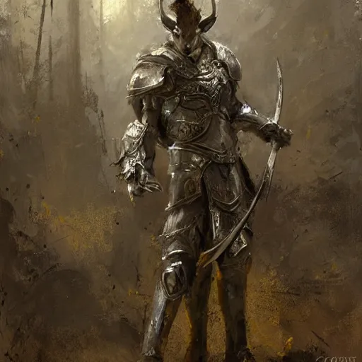 Prompt: portrait of a deer as a mighty warrior wearing silver armor, holding sword, by craig mullins, jeremy mann.