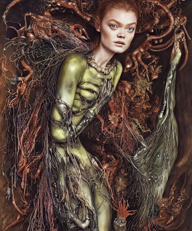 Prompt: a portrait photograph of a fierce sadie sink as an alien harpy queen with slimy amphibian skin. she is trying on a black latex bulbous slimy organic membrane parasite catsuit and transforming into an insectoid amphibian. by donato giancola, walton ford, ernst haeckel, brian froud, hr giger. 8 k, cgsociety