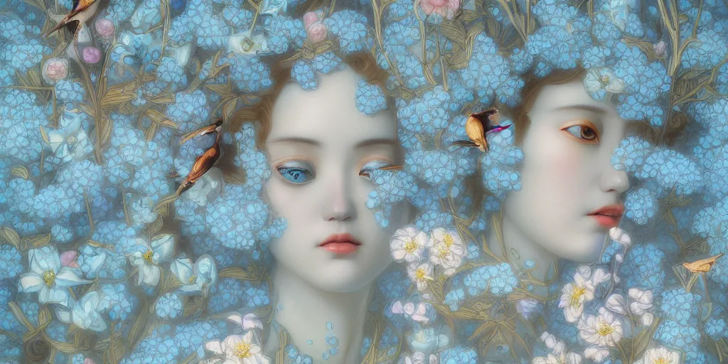 Image similar to breathtaking detailed concept art painting art deco pattern of faces goddesses amalmation light - blue flowers with anxious piercing eyes and blend of flowers and birds, by hsiao - ron cheng and john james audubon, bizarre compositions, exquisite detail, extremely moody lighting, 8 k