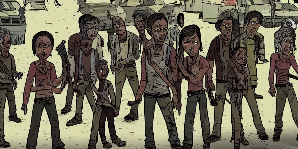 Image similar to frame from the walking dead, cartoonish style