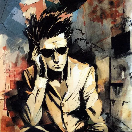 Image similar to the unforgivable sailor named ( corto maltese ) dreaming about the forbidden streets of valparaiso and its tango feelings, oil on canvas by dave mckean and yoji shinkawa